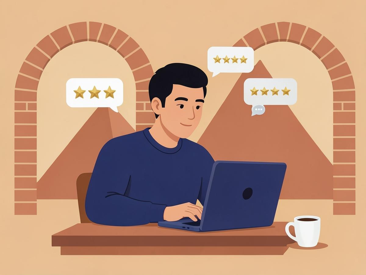 مستقل عراقي يعمل على حاسوبه ويستلم تقييمات من العملاء